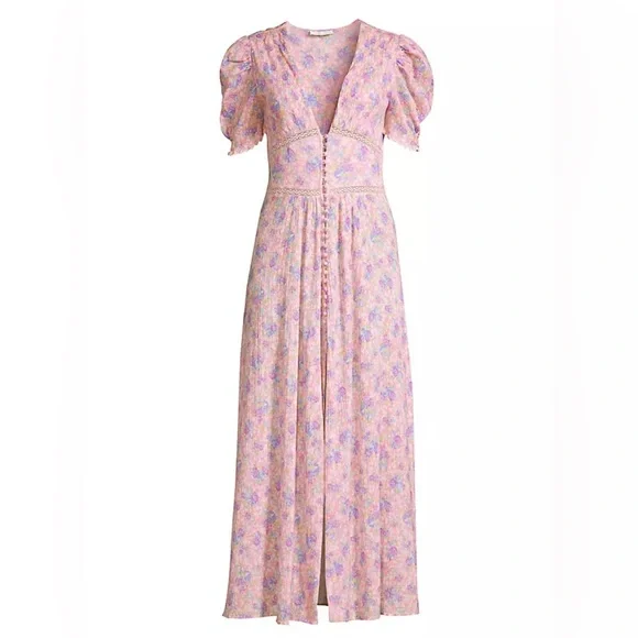 LoveShackFancy Floral Stacy Pink short sleeve Maxi Sz XS orig $475 - Picture 3 of 16